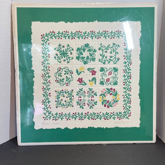 Signed Judy Swerlick Floral Quilt Design Embossed Artwork In Green Mat 18"x18" - Picture 3 of 10